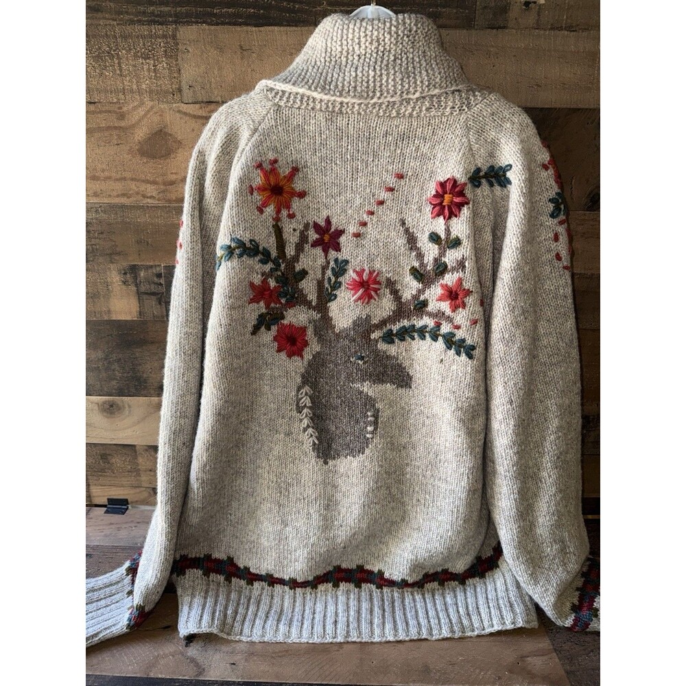 Lost Horizons Sundance Wool Knit Full Zip Sweater Deer Floral XL  Fleece Line